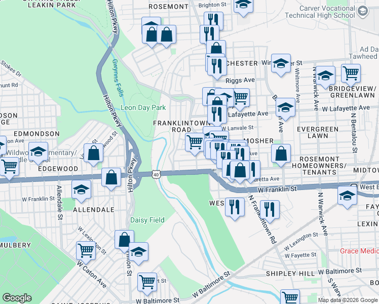 map of restaurants, bars, coffee shops, grocery stores, and more near 3019 Harlem Avenue in Baltimore