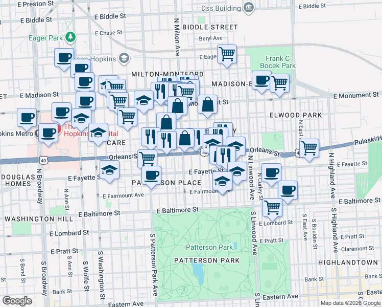 map of restaurants, bars, coffee shops, grocery stores, and more near Orleans Street in Baltimore