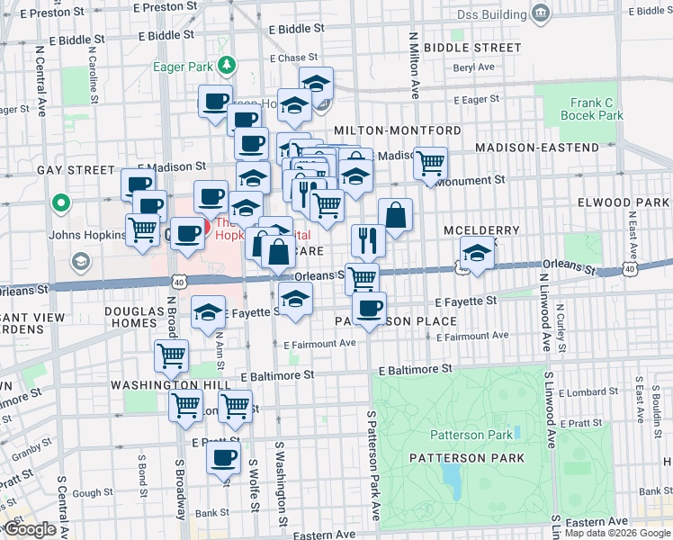 map of restaurants, bars, coffee shops, grocery stores, and more near 2200 Orleans Street in Baltimore