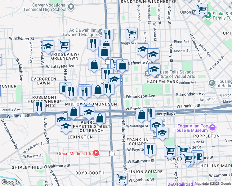 map of restaurants, bars, coffee shops, grocery stores, and more near 1807 Arunah Avenue in Baltimore