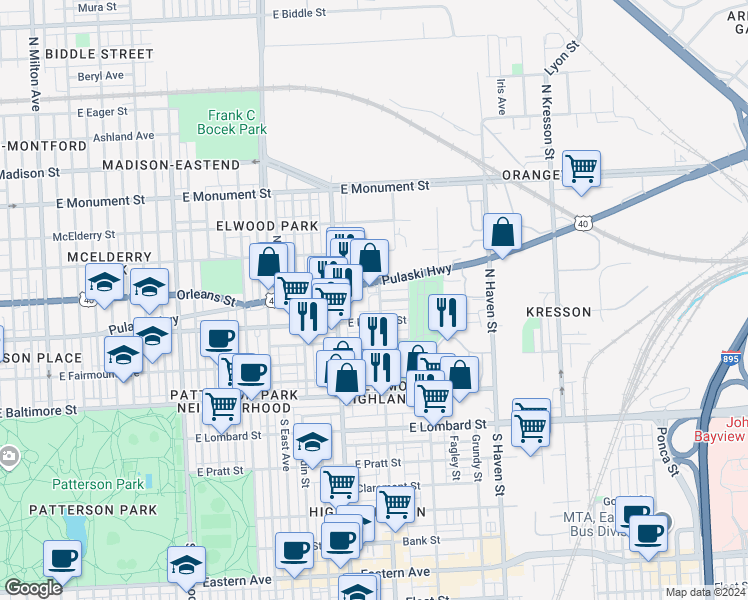 map of restaurants, bars, coffee shops, grocery stores, and more near 216 North Conkling Street in Baltimore