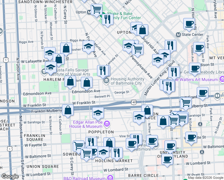 map of restaurants, bars, coffee shops, grocery stores, and more near 527 North Fremont Avenue in Baltimore