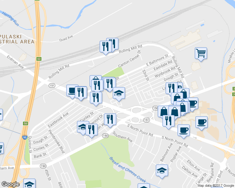 map of restaurants, bars, coffee shops, grocery stores, and more near 7703 Wynbrook Road in Baltimore