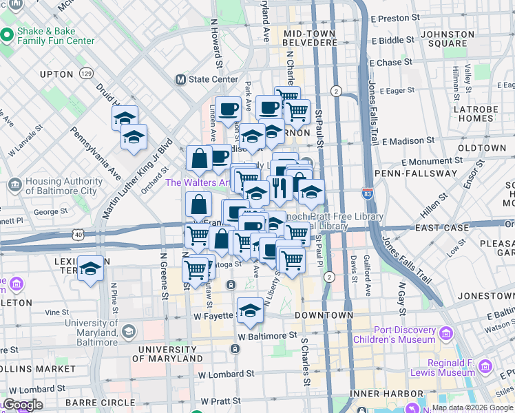 map of restaurants, bars, coffee shops, grocery stores, and more near 505 Park Avenue in Baltimore
