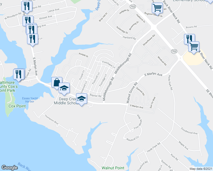 map of restaurants, bars, coffee shops, grocery stores, and more near 950 Middleborough Road in Essex