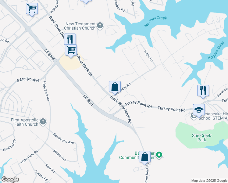 map of restaurants, bars, coffee shops, grocery stores, and more near 1604 Cape May Road in Essex