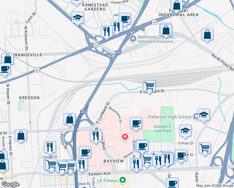 map of restaurants, bars, coffee shops, grocery stores, and more near 5701 East Lombard Street in Baltimore