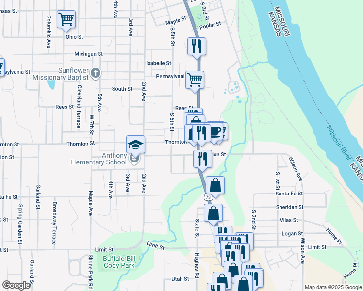 map of restaurants, bars, coffee shops, grocery stores, and more near 2109 South 5th Street in Leavenworth