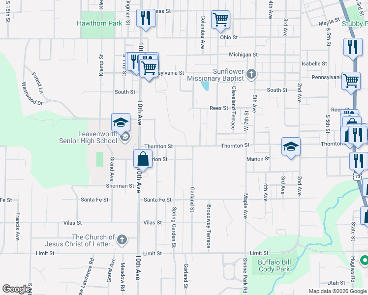 map of restaurants, bars, coffee shops, grocery stores, and more near 2105 Spring Garden Street in Leavenworth