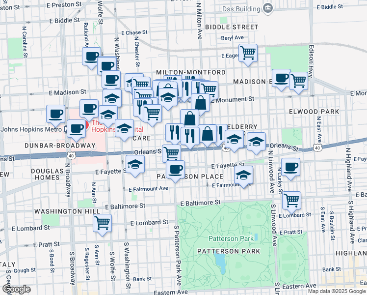map of restaurants, bars, coffee shops, grocery stores, and more near 2316 Orleans Street in Baltimore