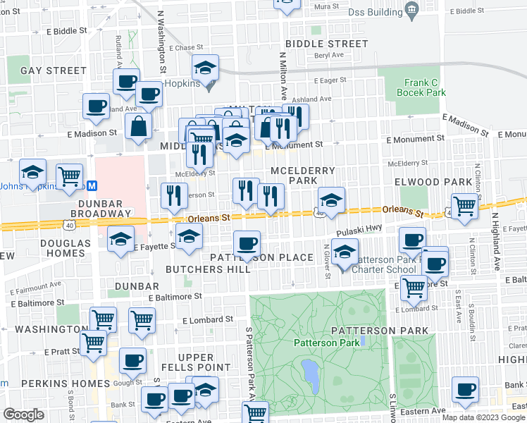 map of restaurants, bars, coffee shops, grocery stores, and more near 2328 Orleans Street in Baltimore