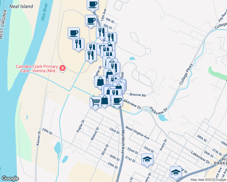 map of restaurants, bars, coffee shops, grocery stores, and more near 3603 Murdoch Avenue in Parkersburg
