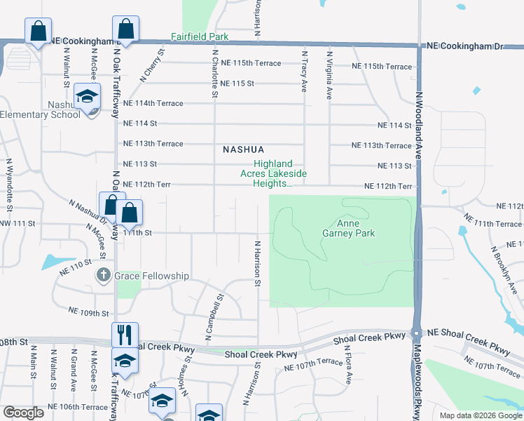 map of restaurants, bars, coffee shops, grocery stores, and more near 11113 North Harrison Street in Kansas City