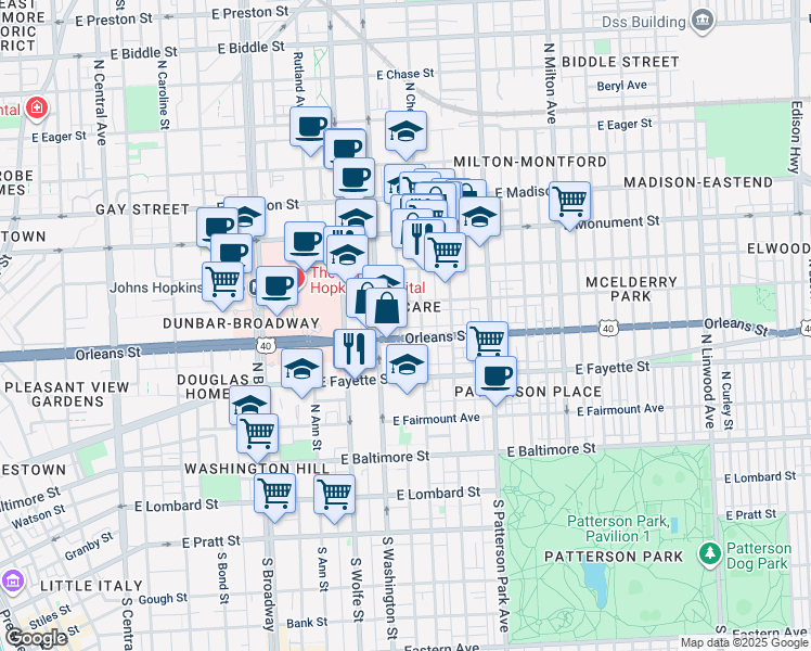 map of restaurants, bars, coffee shops, grocery stores, and more near 405 North Castle Street in Baltimore