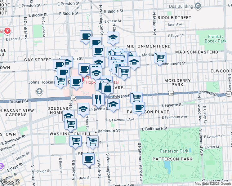 map of restaurants, bars, coffee shops, grocery stores, and more near 402 North Chester Street in Baltimore