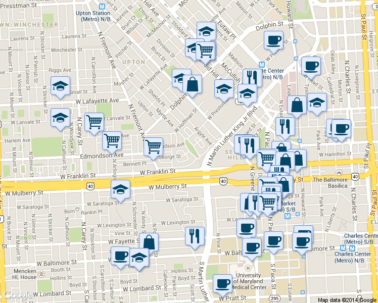 map of restaurants, bars, coffee shops, grocery stores, and more near Myrtle Ave & George St in Baltimore