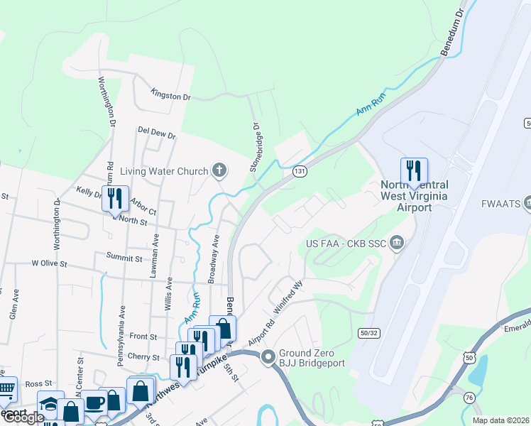 map of restaurants, bars, coffee shops, grocery stores, and more near 422 Benedum Drive in Bridgeport
