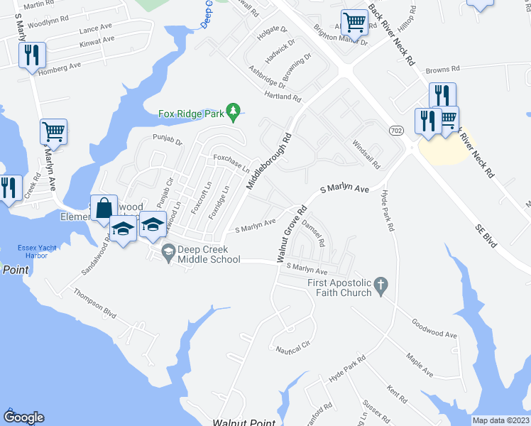 map of restaurants, bars, coffee shops, grocery stores, and more near 1114 Tace Drive in Essex