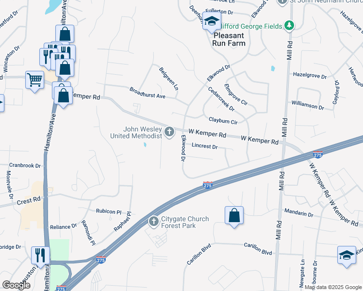 map of restaurants, bars, coffee shops, grocery stores, and more near 11779 Elkwood Drive in Cincinnati
