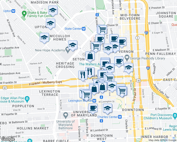 map of restaurants, bars, coffee shops, grocery stores, and more near 412 George Street in Baltimore