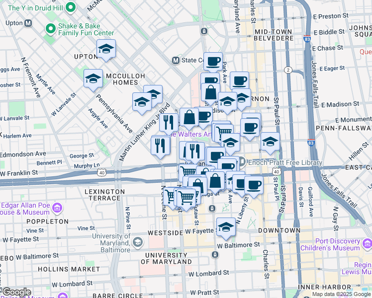map of restaurants, bars, coffee shops, grocery stores, and more near 412 George Street in Baltimore