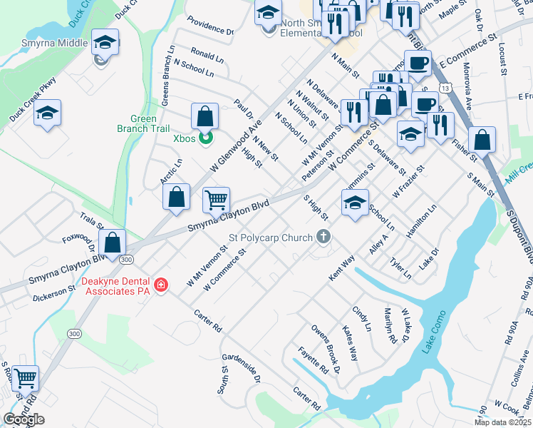 map of restaurants, bars, coffee shops, grocery stores, and more near 511 West Mount Vernon Street in Smyrna