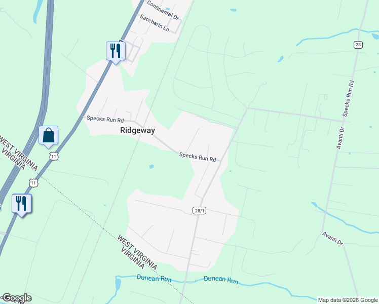 map of restaurants, bars, coffee shops, grocery stores, and more near 541 Specks Run Road in Bunker Hill