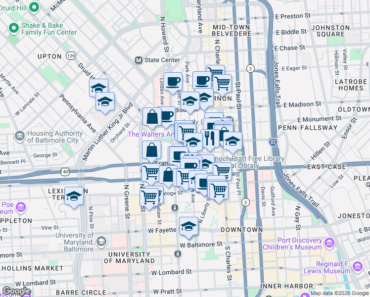map of restaurants, bars, coffee shops, grocery stores, and more near 520 Park Avenue in Baltimore