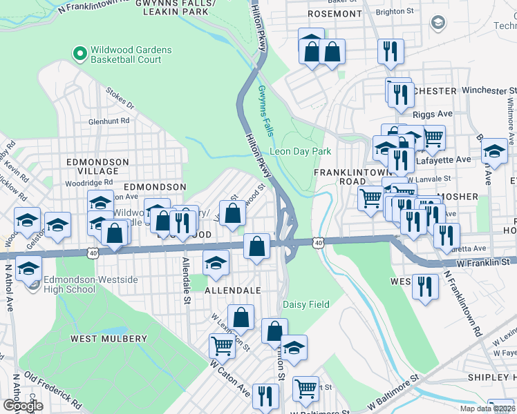 map of restaurants, bars, coffee shops, grocery stores, and more near 726 Denison Street in Baltimore