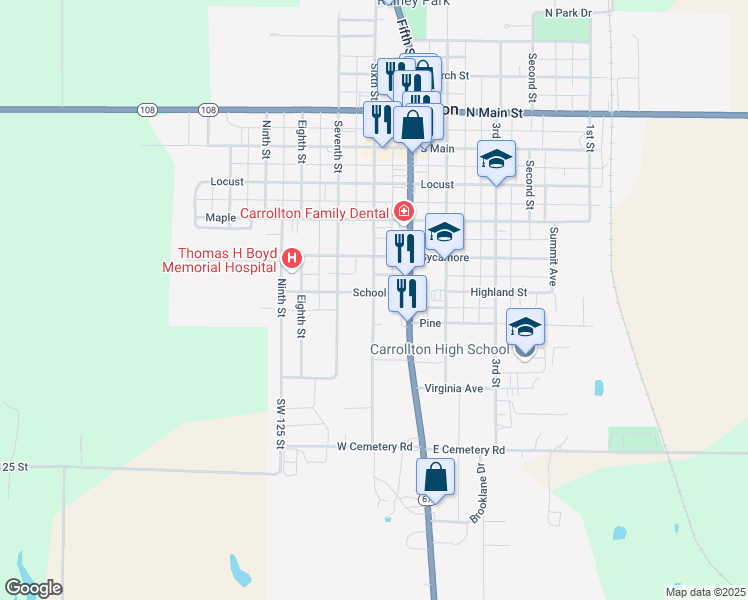 map of restaurants, bars, coffee shops, grocery stores, and more near 831 South 6th Street in Carrollton