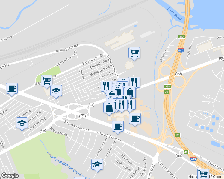 map of restaurants, bars, coffee shops, grocery stores, and more near 8031 Bank Street in Baltimore