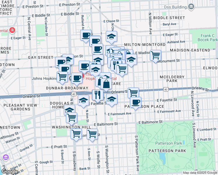 map of restaurants, bars, coffee shops, grocery stores, and more near 404 North Castle Street in Baltimore