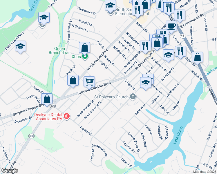 map of restaurants, bars, coffee shops, grocery stores, and more near 511 West Mount Vernon Street in Smyrna