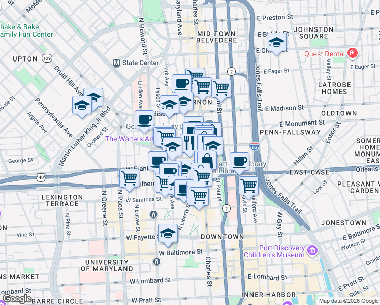 map of restaurants, bars, coffee shops, grocery stores, and more near 509 Cathedral Street in Baltimore