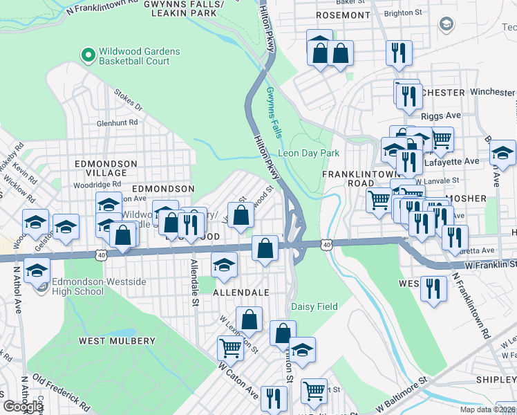 map of restaurants, bars, coffee shops, grocery stores, and more near 725 Edgewood Street in Baltimore