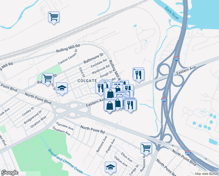 map of restaurants, bars, coffee shops, grocery stores, and more near 8018 Bank Street in Baltimore