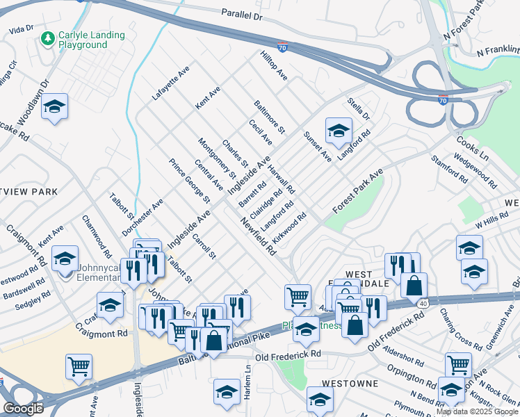 map of restaurants, bars, coffee shops, grocery stores, and more near 1422 Clairidge Road in Woodlawn