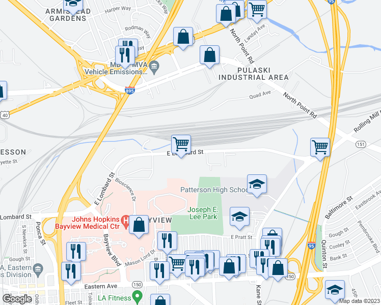 map of restaurants, bars, coffee shops, grocery stores, and more near East Lombard Street in Baltimore