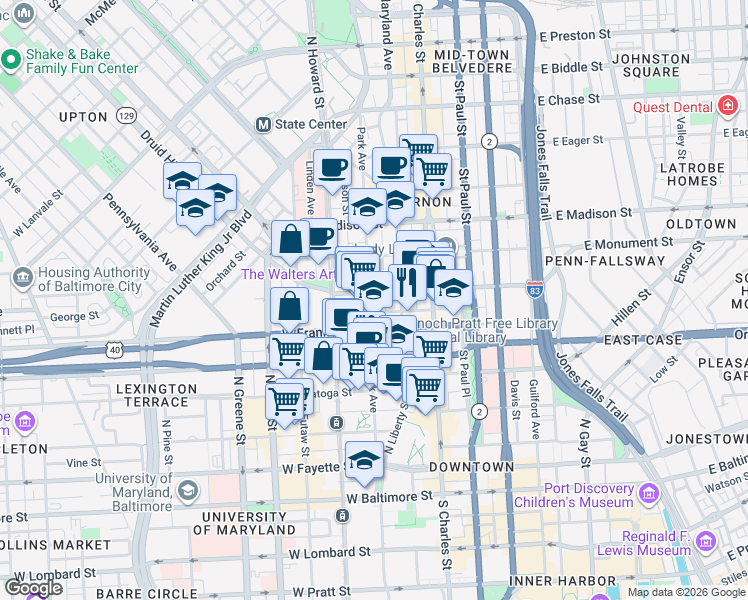map of restaurants, bars, coffee shops, grocery stores, and more near 513 Park Avenue in Baltimore