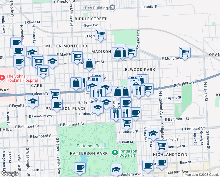 map of restaurants, bars, coffee shops, grocery stores, and more near 2814 Orleans Street in Baltimore