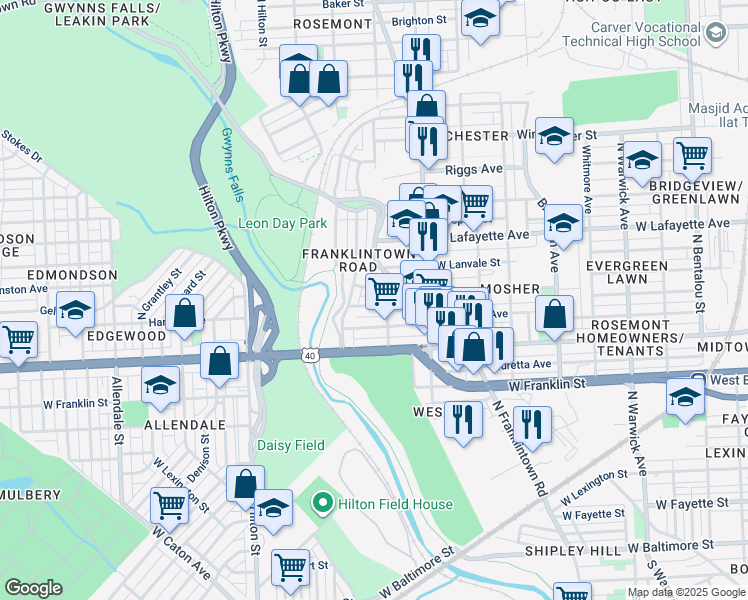 map of restaurants, bars, coffee shops, grocery stores, and more near 3014 Harlem Avenue in Baltimore