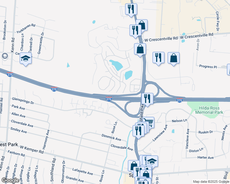 map of restaurants, bars, coffee shops, grocery stores, and more near Interstate 275 in Springdale