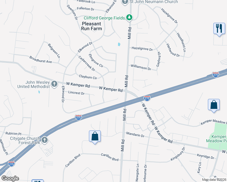 map of restaurants, bars, coffee shops, grocery stores, and more near 11624 Elkwood Drive in Cincinnati