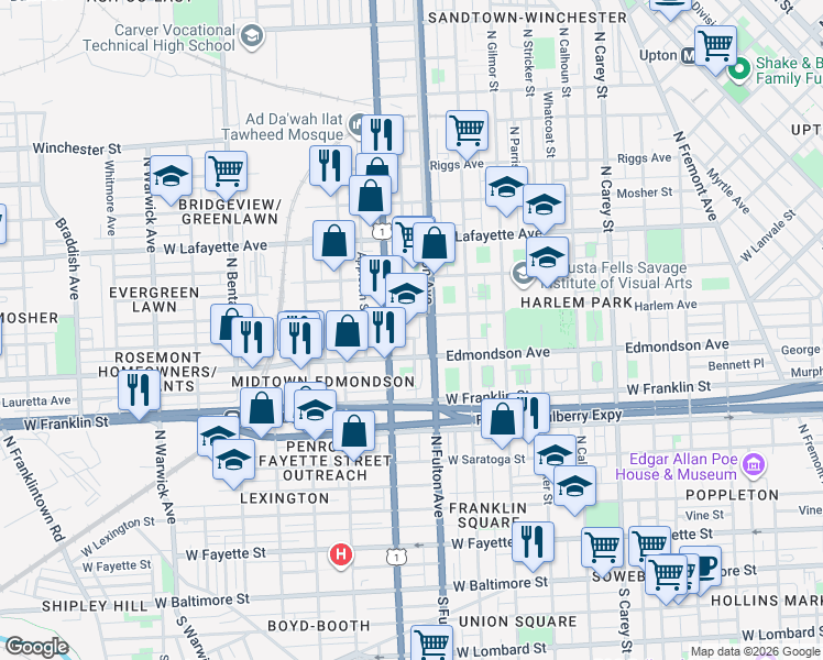 map of restaurants, bars, coffee shops, grocery stores, and more near 1807 Harlem Avenue in Baltimore