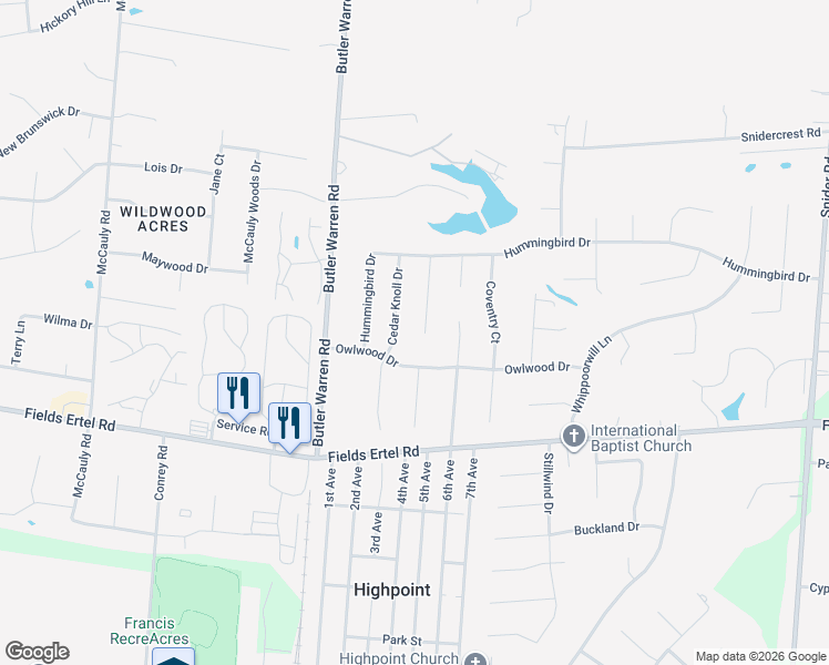 map of restaurants, bars, coffee shops, grocery stores, and more near 6818 Owlwood Drive in Mason