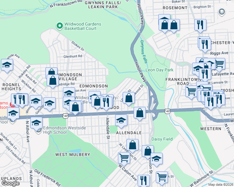 map of restaurants, bars, coffee shops, grocery stores, and more near 726 North Grantley Street in Baltimore