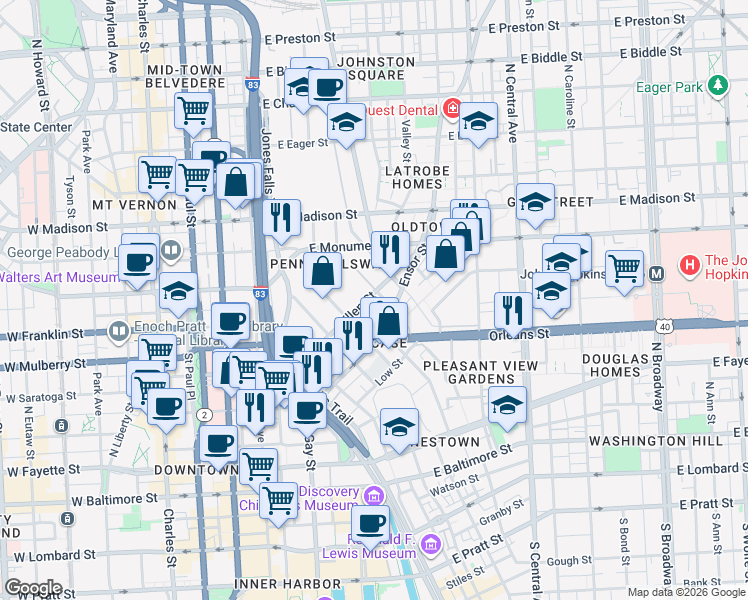 map of restaurants, bars, coffee shops, grocery stores, and more near 1037 Hillen Street in Baltimore