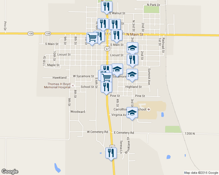 map of restaurants, bars, coffee shops, grocery stores, and more near 801-899 5th St in Carrollton