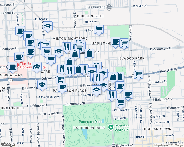 map of restaurants, bars, coffee shops, grocery stores, and more near 412 North Lakewood Avenue in Baltimore