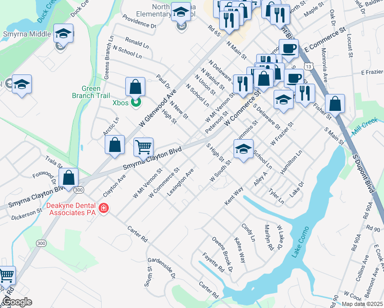 map of restaurants, bars, coffee shops, grocery stores, and more near 434 West Commerce Street in Smyrna